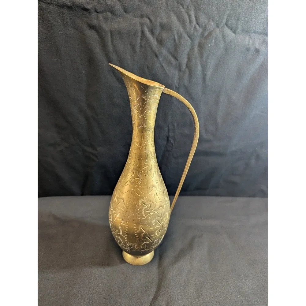 Vintage Brass Pitcher Etched Floral Hand Crafted India Decorative Vase 11in